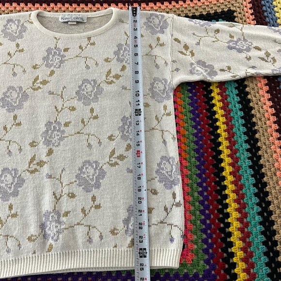 Vintage 80s Kate Collins Floral Metallic Pattern Wide Crewneck Knit Swea… - Picture 8 of 10